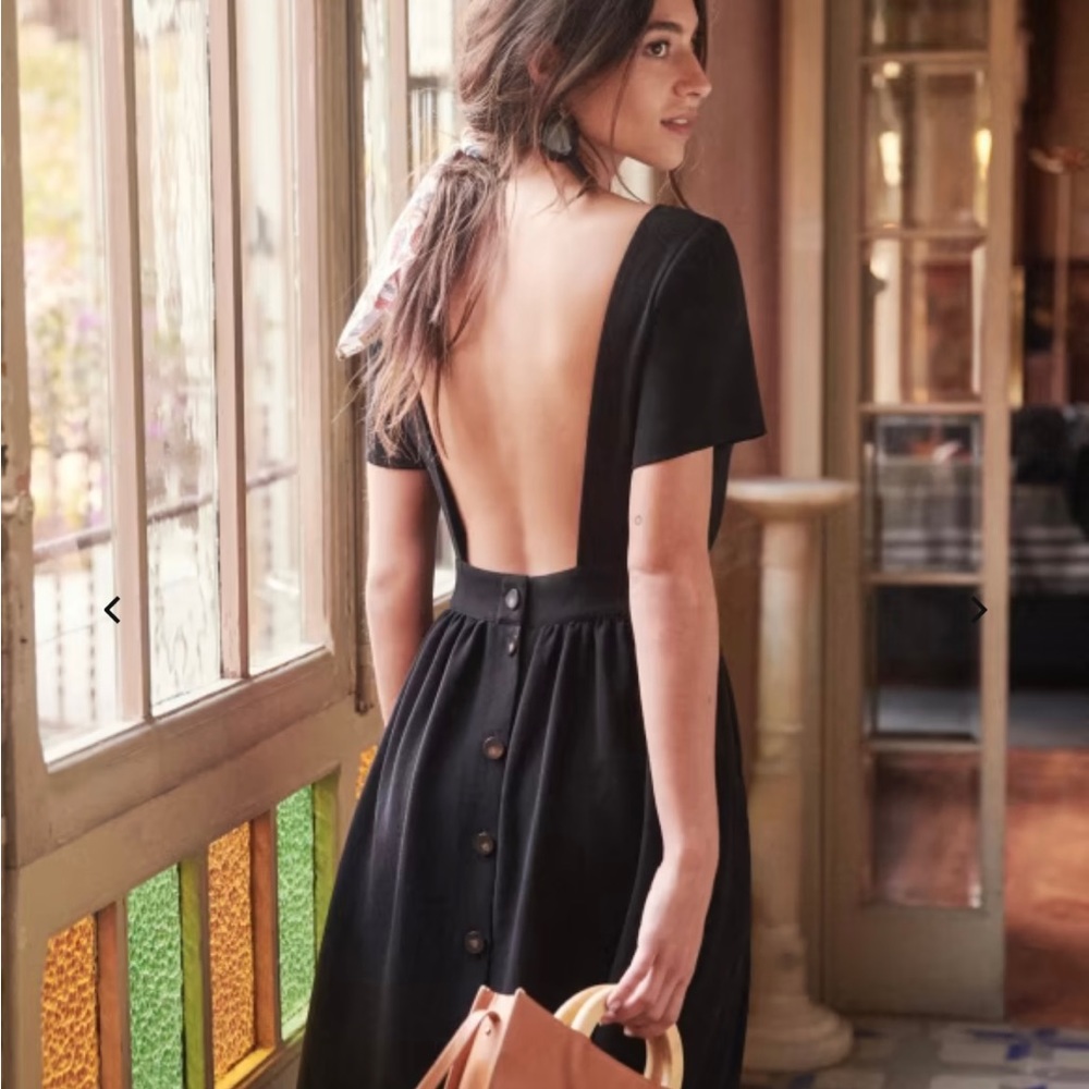 Sezane Odalie Backless Short Sleeved Black Dress with buttons down the back